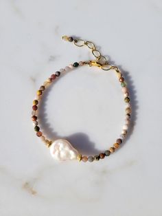 Handmade Jasper Stone Bead and Baroque Freshwater Pearl Bracelet Tortoise Shell Hair, Earthy Style, Earthy Jewelry, Tree Hugger, Jasper Stone, Crystal Flower, Pearl Chain, Boho Bracelets, Planet Earth