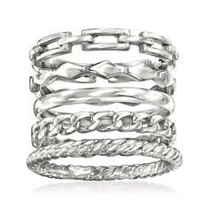 Ross-Simons - Sterling Silver Jewelry Set: Five Stackable Rings. Size 5. This set of five on-trend rings puts endless opportunity for stunning stacks at your very fingertips! Includes twisted, curb-link, paper clip link, diamond-shaped and polished bands in sterling silver. 1/2" wide when worn together. Sterling silver stackable ring set. Trend Rings, Chunky Silver Jewellery, Sterling Silver Stackable Rings, Silver Jewelry Set, Stackable Ring Sets, Stackable Rings Silver, Rings Jewelry Fashion, Silver Jewellery Sets, Stacked Jewelry