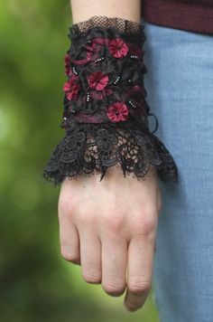 Wrist Corsage Bracelet, Corsage Bracelet, Gothic Bracelet, Bracelet Wrist, Wearable Art Jewelry, Lace Cuffs, Hand Embroidery Flowers