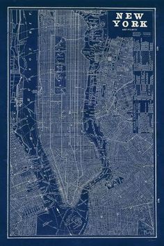 an old map of new york, with the city's streets in blue ink