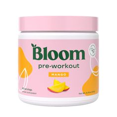 a jar of bloom pre - workout mango powdered drink mix on a white background