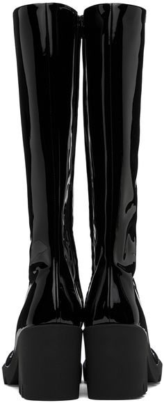 Knee-high patent leather boots in black. · Square toe · Zip closure at inner side · Buffed leather lining · Textured rubber midsole and block heel · Treaded rubber sole · Heel: H3.5 Supplier color: Black Elegant Formal Boots With Glossy Finish, Sleek Glossy Boots For Evening, Elegant Glossy Finish Boots For Formal Occasions, Elegant Glossy Finish Formal Boots, Sleek Glossy Finish Evening Boots, Luxury Patent Leather High Heel Knee-high Boots, Luxury High Heel Patent Leather Knee-high Boots, Luxury High Heel Knee-high Boots In Patent Leather, Elegant Glossy Evening Boots