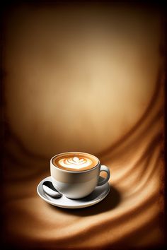 a cup of coffee sitting on top of a saucer next to a brown background