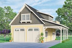 a two car garage with an attached porch