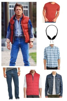 men's vests, jeans and shirts with headphones on each one side