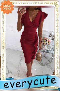 V-neck Ruffle Hem Ruched Midi Dress Chic V-neck Ruched Ruffle Dress, Flattering Ruched V-neck Midi Dress, Chic V-neck Midi Dress With Ruffle Hem, Red V-neck Midi Dress With Ruffle Hem, Rayon V-neck Midi Dress With Ruffle Hem, Ruched Midi Dress, Neck Ruffle, Dresses By Length, Ruffle Hem