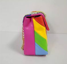 Rainbow Handbag Stripe Metallic PU Leather Shoulder Bag With Metal Gold Adjustable Shoulder Strap Rainbow Bags With Adjustable Strap For Everyday Use, Rainbow Crossbody Bag For Everyday Use, Rainbow Crossbody Shoulder Bag For Everyday Use, Rainbow Shoulder Bag For Everyday Use, Trendy Rectangular Rainbow Shoulder Bag, Trendy Rainbow Rectangular Bag, Trendy Rainbow Rectangular Bags, Rainbow Rectangular Shoulder Bag For Everyday, Multicolor Leather School Bag