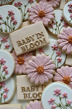 baby in bloom decorated cookies with pink flowers