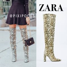 Zara Over The Knee Leather Boots New - With Tags Us 9 / Eu 40 ** Made In Spain ** Gorgeous Genuine Leather Otk Boots Beige Textured Coated Snake Skin Rounded Toe Block Heel High Quality - Made In Spain Heel Height - 3.8” Shaft Height - 23” From Heel Opening Circumference - 17.5” Chic Snake Print Round Toe Boots, Tall Snake Skin Boots, Chic Snake Print Boots With Block Heel, Snake Skin Boots Brown, Snake Print Boots With Medium Width, Snake Skin Boots, Casual Ankle-high Snake Print Boots, Brown Ankle-high Snake Print Boots, Zara Shoes