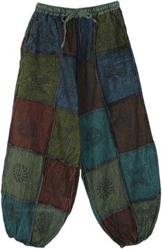 Green Luster Patchwork Harem Pants with Flexible Waist | Brown | Split-Skirts-Pants, Patchwork, Junior-Petite, Bohemian, Handmade Patchwork Hippie Pants, Boho Hippie Pants, Silly Clothes, Patchwork Pants, Estilo Hippy, Hippie Pants, Hippie Look, Hippie Style Clothing, Bohemian Handmade