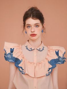 Enchanted Hare Embroidered Blouse Rabbit Embroidery, Embroidery Collar, Blue Rabbit, Collar Blouse, Embroidered Blouse, Night Sky, Look Fashion