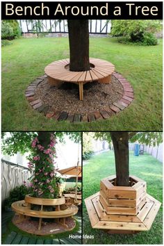 the bench around a tree is made out of pallets