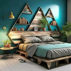 a bed made out of pallets in a room with blue walls and wooden flooring