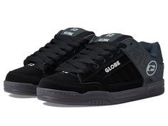 Globe Tilt - Men's Skate Shoes : Black/Brown : Keep your style going strong with the iconic silhouette and cushioned support of the Globe Tilt skate shoes. Skateboard shoes with leather uppers. Large Globe brandings on upper. Flush and stitched PVC lace eyelets. Hidden lacing options in key areas for added lace protection. Thicker outer sidewalls for added durability. Padded tongue and collar for added comfort. Breathable slip-resistant lining for a more stable skate. Cupsole construction. Rubbe Leather Skate Shoes With Laces For Streetwear, Black Skate Shoes With Laces For Skateboarding, Black Skate Shoes With Laces, Low-top Skate Shoes With Laces For Skateboarding, Low-top Lace Skate Shoes For Skateboarding, Low-top Skate Shoes With Laces, Urban Leather Skate Shoes With Laces, Leather Urban Skate Shoes With Laces, Urban Skate Shoes With Perforated Toe Box