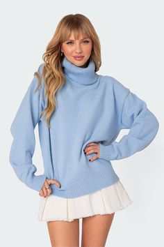 PRODUCT INFO Sweater Turtle neck Oversized fit Knit fabric Polyester, Rayon Model wears size XS/S Model height is 5'6 Item care: Wash with similar color Oversized Turtle Neck Sweater, Oversize Turtleneck Sweater, Oversize Turtleneck, Recreate Outfits, Visionary Fashion, Blue Turtleneck, Nyc Outfits, Oversized Turtleneck Sweater, Oversized Turtleneck