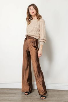 CAMDEN PANTS – Line & Dot Relaxed Business Casual Women, Business Casual Staples, Bohemian Business Attire, Dressy Slacks Outfits, Dress Pants Women Outfit, Brown Silk Pants Outfit, Copper Pants Outfit, High Waisted Pants Outfit Dressy, College Professor Outfits