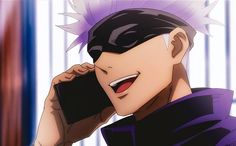 an anime character talking on a cell phone with his hair blowing in the wind and smiling