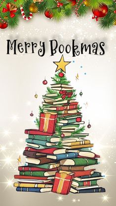 a christmas tree made out of books with the words merry bookmas