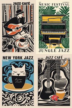 four posters with different types of musical instruments and music symbols on them, including an old piano