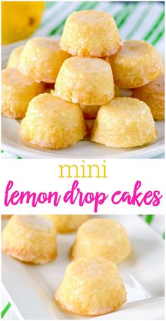 mini lemon drop cakes on a white plate with the title in pink and yellow overlay