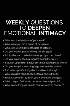 weekly questions to deepen emotional intimacy Vasopressin Bonding, Questions For Fiance, Relationship Communication, Emotional Intimacy, Love Questions, In Relationship, Communication Relationship