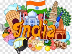 the word india is surrounded by many different types of travel related items, including buildings and flags