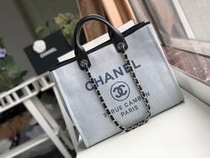 Chanel Deauville Tote 38cm White Gray For Women A66941 Luxury Gray Shoulder Bag, Designer Large Capacity White Shoulder Bag, Designer White Bags With Large Capacity, Designer Large Capacity White Bags, Luxury White Shoulder Bag With Large Capacity, Luxury White Large Capacity Shoulder Bag, White Luxury Large Capacity Shoulder Bag, Luxury Large Capacity White Shoulder Bag, High-end White Bag For Daily Use