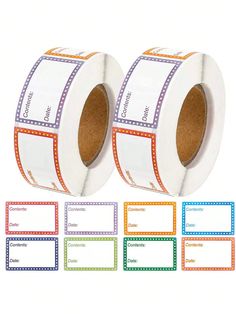 two rolls of labels on top of each other with different colors and sizes to choose from