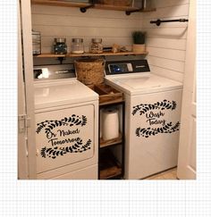 a washer and dryer in a small room with shelves above the washer