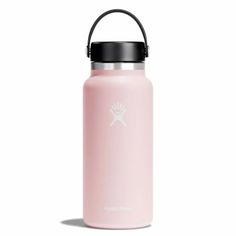 a pink water bottle with a black lid and handle on the side, against a white background