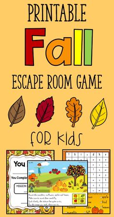 the printable fall escape room game for kids is shown with pictures and words on it