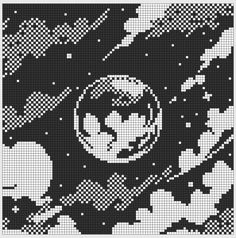 a black and white image of an abstract space scene with stars, clouds, and planets