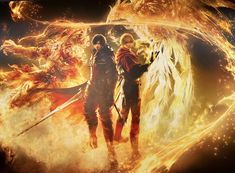 two people standing next to each other in front of a fire and ice background with the words final fantasy written on it