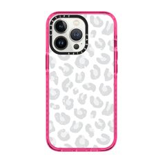 an iphone case with a white and pink leopard print on the front, featuring two cameras