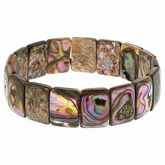 Kwan Collections Abalone Shell Stretch Bracelet  A swirl of iridescent colors and an easy-to-wear stretch design makes this abalone shell bracelet a great choice for chic, inspired dressing anytime! One size fits most.       Approx. 7-1/2"L x 1/8"W x 5/8"H; fits 6-7/16" to 8" wrist     Stainless steel     Bracelet has rectangular stations of abalone mother-of-pearl shell strung on stretchy jeweler's elastic   Stone Information       All sizes and weights approximate     Multicolor Abalone Mother Moodboard Jewelry, Abalone Shell Bracelet, Abalone Bracelet, Color Bands, Shell Bracelet, Jewelry Lookbook, Pearl Shell, Abalone Shell, Inspired Dress