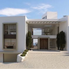 an artist's rendering of a modern house with stairs leading up to the front door