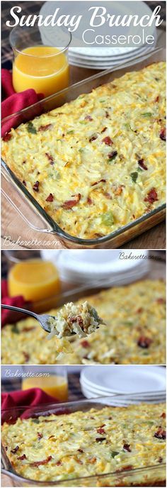 an egg casserole with bacon and spinach is shown in three different views