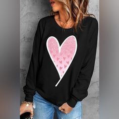 Nwt Black Pink Heart Sweatshirt Cute Black T-shirt For Winter, Black Long Sleeve T-shirt With Heart Graphic, Black Graphic Print Top For Valentine's Day, Cute Black Long Sleeve Tops, Black Crew Neck T-shirt With Heart Print, Pink Long Sleeve Top With Heart Graphic, Cute Long Sleeve T-shirt With Heart Print, Cute Black Sweatshirt With Letter Print, Casual Pink Valentine's Day Sweatshirt