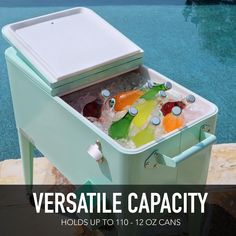 an ice chest filled with lots of bottles next to a swimming pool that reads, versatte capacity holds up to 10 - 12oz cans