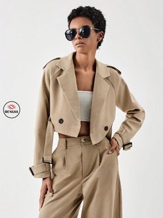 DENGSS BIZwear Double Breasted Buckle Belted Crop Trench Coat Zara Clothes Women, Perfect Blouse, Zara Outfit, Khaki Fashion