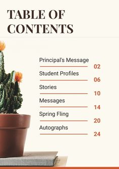 the table of contents is displayed in front of a cactus