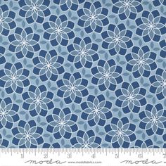 a blue and white fabric with circular design on the front, it has a ruler next to it