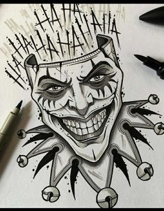 a drawing of a clown with teeth and spikes on it's head is shown