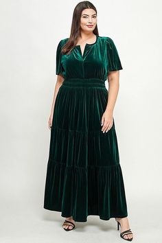 Set the party ablaze in this long, curve-hugging velvet dress. Its tiered design dances around you, showing off your figure in the most flattering way. Stand out from the crowd in this holiday must-have! Color: Black & Forest Style #: WD5427 Fabric: 95% Polyester & 5% Spandex Green Velvet Plus Size Dress, Velvet Dress Plus Size Nordstrom, Green Velvet Dress Maternity, Black Velvet Dress Plus Size Long Sleeve, Green Long-sleeved Velvet Dress, Curvy Girl Dress, Forest Style, Curvy Dress, Ruffled Maxi Dress