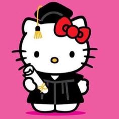 a hello kitty graduation card with a graduate's cap and gown, holding a diploma