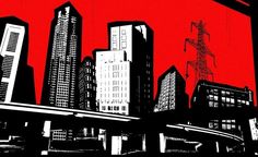 the city skyline is red and black in color