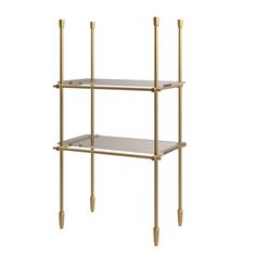 a gold shelf with three shelves on each side