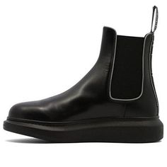 Alexander McQueen Leather Chelsea Boots 'Core Black' 682486WIB511081 Black Calf Leather Boots With Branded Heel, Streetwear Boots With Calf Leather And Leather Sole, Black Calf Leather Boots For Streetwear, Luxury Leather Boots Medium Fit, Black Boots With Leather Sole And Medium Fit, Designer Boots With Contrast Sole And Round Toe, Designer Black Calf Leather Boots, Luxury Streetwear Boots With Round Toe, Luxury Black Streetwear Boots