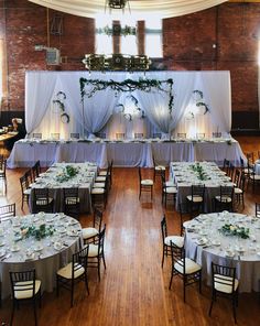 a banquet hall with tables and chairs set up for an event