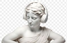 a white statue with headphones on it's ears and hands behind her back